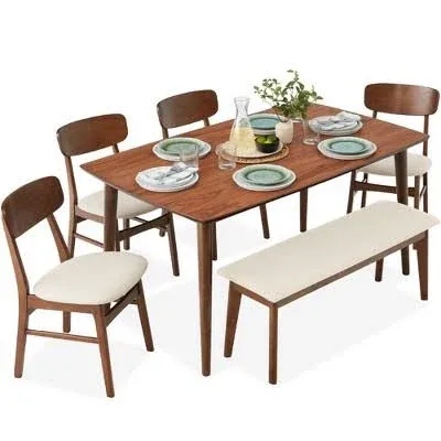 Best Choice Products 6-Piece Mid-Century Modern Dining Set, Upholstered Wooden Table & Chair Set w/ 4 Chairs, Bench