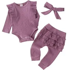 Fullfamous Baby Girl's 3PC Rib Frill Long Sleeve Romper and Pant Set