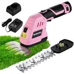 WORKPRO 12V Cordless 2 in 1 Handheld Cordless Grass Shear & Shrubbery Trimmer with 2.0Ah Rechargeable Lithium-Ion Battery &1 Hour Fast Charger-Pink Ribbon