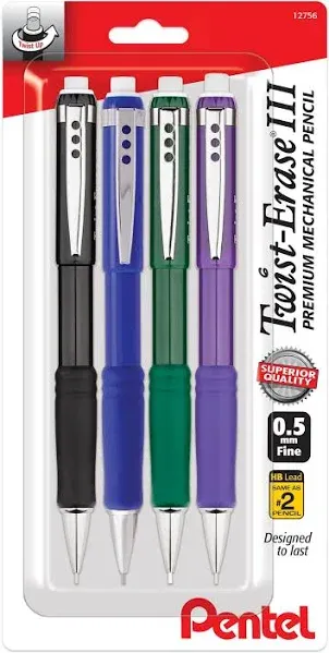 Pentel Twist Erase III Premium Mechanical Pencil 0.5mm 4 pack Assorted Barrels (1 each Black, Blue, Green, Violet)