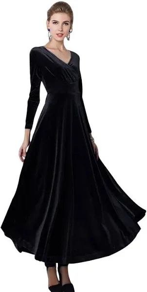 Urban CoCo Women Long Sleeve V-Neck Velvet Stretchy Long Dress