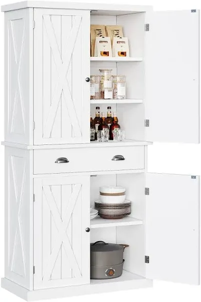 YITAHOME 72'' Tall Kitchen Pantry, Farmhouse Kitchen Storage Cabinets with Barn Doors, Drawer and Adjustable Shelves