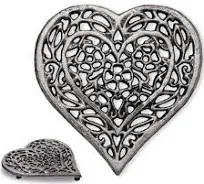 Cast Iron Heart Trivet | Decorative Cast Iron Trivet for Kitchen Countertop Or Dining Table | Vintage Design | 6.75X6.5 | with Rubber Pegs/Feet - Recycled Metal | Silver with Black