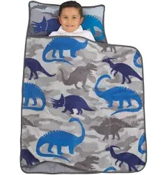 Everything Kids Blue and Grey Dino Toddler Nap Mat with Pillow and Blanket