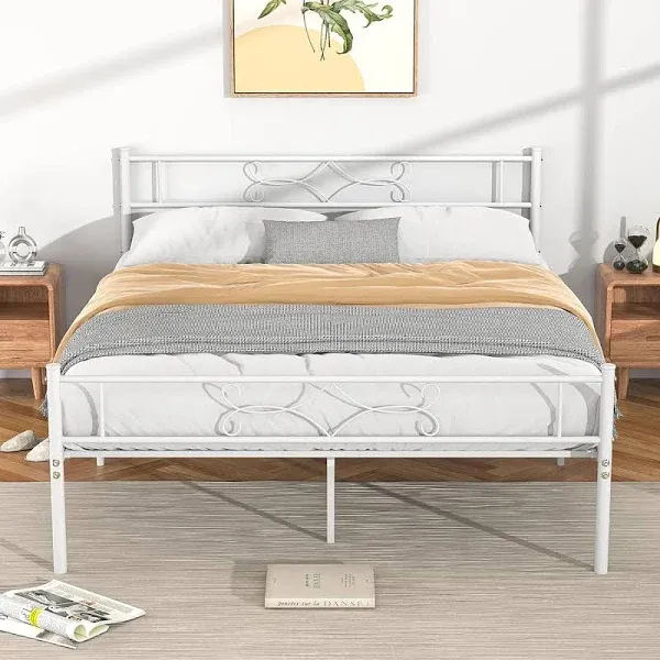 Vecelo 14" Size Metal Platform Bed Frame with Headboard Premium Steel Slat Support No Box Spring Needed Noise-Free Easy Assembly