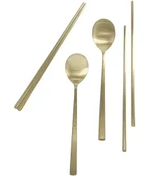 Korean Made Traditional Utensil Chopstick Set Flatware Champagne Gold Stainless 