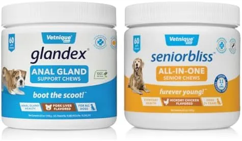 Vetnique Labs Seniorbliss All-in-One Multivitamin Chews for Senior Dogs (60ct) & Glandex Anal Gland Support Soft Chew Treats with Pumpkin for Dogs (60ct Pork) Bundle