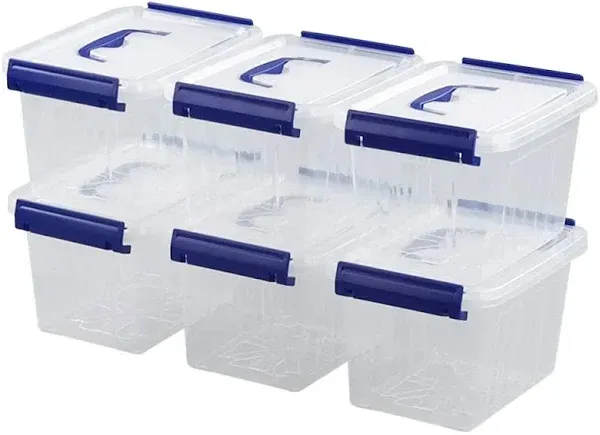 Waikhomes 3L Plastic Storage Containers Set of 6, Latching Storage Bin with Handle (Blue Handle)