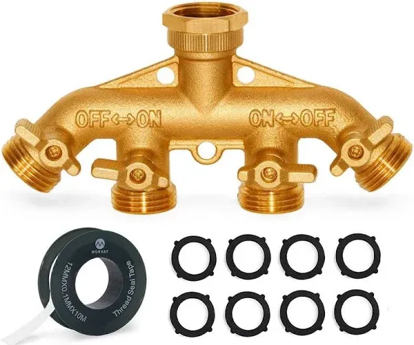 Morvat Heavy Duty Brass 4 Way Splitter Garden Hose Manifold Connector with Comfort Grip On/off Valves