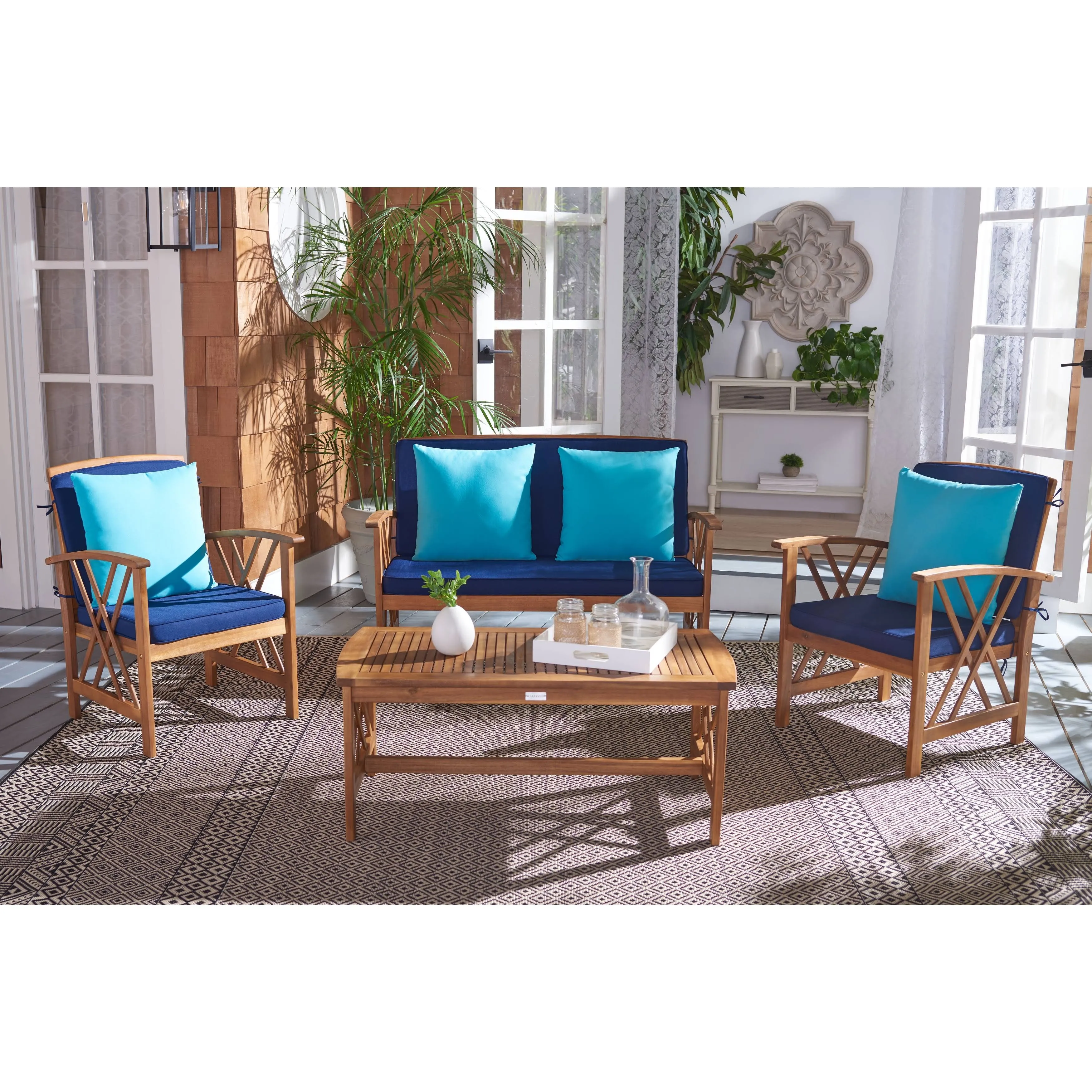 SAFAVIEH Outdoor Living Fontana Acacia/Navy Cushion 4-piece Patio Set