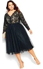 City Chic Rare Beauty Fit & Flare Dress Size S 16 Lace Tulle Skirt Floral Navy