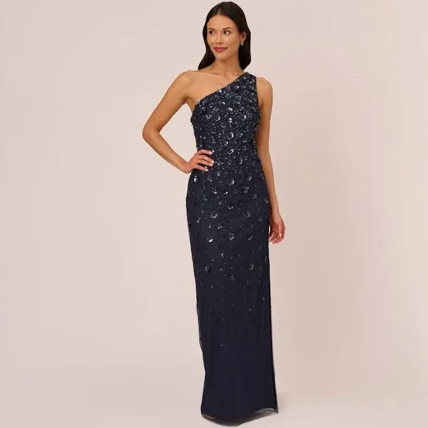 Adrianna Papell Womens Mesh Embellished Evening Dress