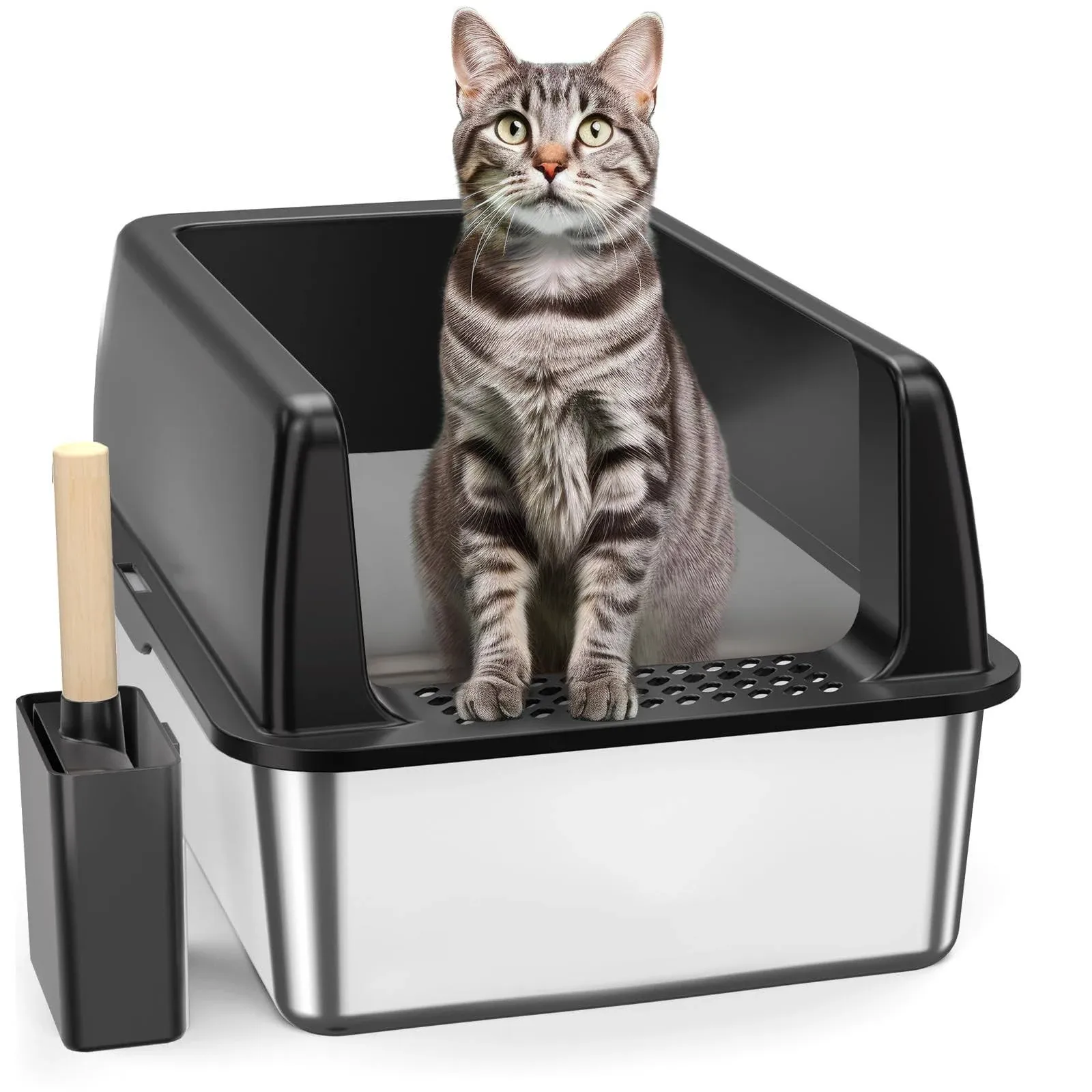 Stainless Steel Cat Litter Box, Extra Large Top Entry Litter Box with High Sides for Big Cats, Metal Kitty Litter Box Enclosed, Non-Sticky & Leakage, Easy to Clean, Include Litter Scoop