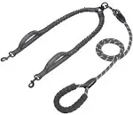 Double Dog Leash with Two Extra Traffic Handles, 360 Swivel No Tangle Dual Dog Walking Leash, Comfortable Shock Absorbing Reflective Bungee for Two Dogs (18~120 lbs, Black)