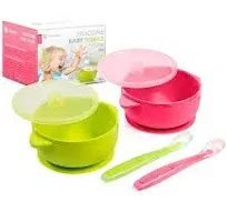 Silicone Suction Baby Bowl with Lid - BPA Free - 100% Food Grade Silicone - Infant Babies and Toddler Self Feeding (Green/Pink)