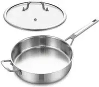 Delarlo Tri-Ply Stainless Steel Saute Pan with lid 12 Inch Deep Frying Pan