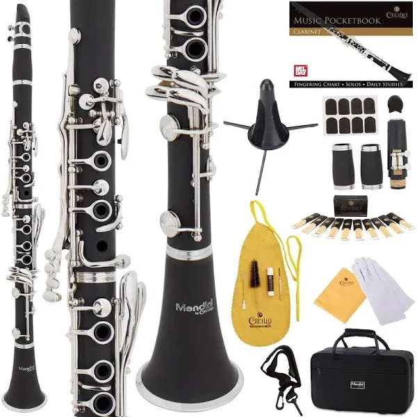 Mendini By Cecilio B Flat Beginner Clarinet With 2 Barrels, Case, Stand, Book, 10 Reeds, and Mouthpiece