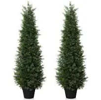 Lomanto Outdoor Artificial Topiary Cedar Tree 2pack Fake Tree 3ft Uv Rated Potted Plants For Porch Decor Faux Pine Plant For Perfect Housewarming Gif