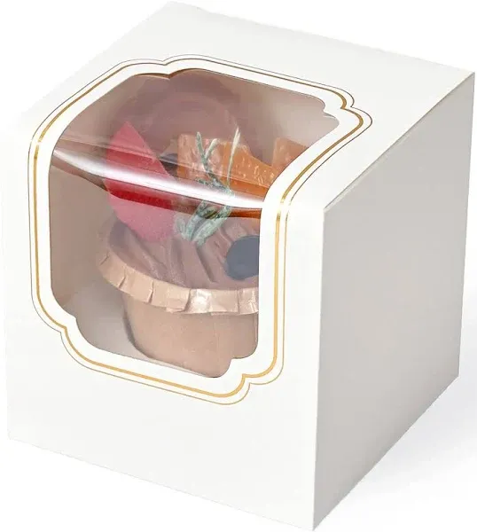 Gold Foil Cupcake Boxes 50 Pcs, Individual Cupcake Box for Graduation Party Single Cupcake Containers Cardboard Holders with Window and Insert Cocoa Bombs Packaging Togo Boxes