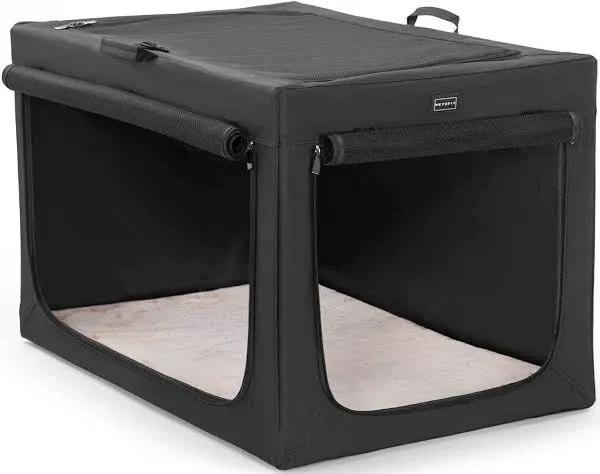 Petsfit Collapsible & Portable Dog Crate, 3-Door wth Fleece Bed, Soft-Sided Dog Crate, Huge Ventilation Pet Home Black 30 inch