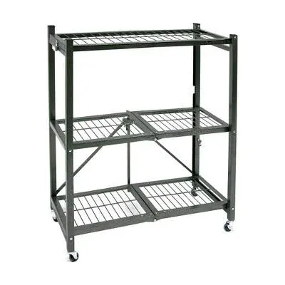 Origami R3 General Purpose Foldable 3-Tiered Shelf Storage Rack Wheels Pewter