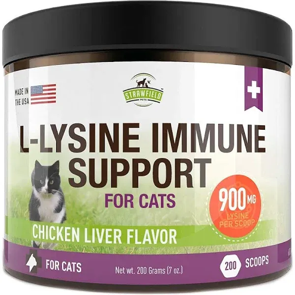 Strawfield Pets L-Lysine Immune Support for Cats & Kittens - 200g Chicken Liver Flavor Granules with scoop, Immune Health Supplement Cat Cold Relief, Sneezing, Congestion, Running Nose, Watery Eyes