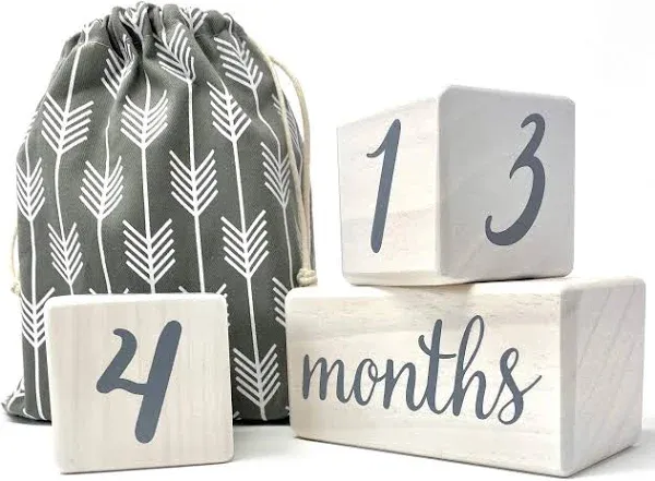 Pondering Pine Baby Milestone Blocks - Natural White Stain Pine Wood with Weeks Months Years Grade and Holidays, Newborn Weekly Monthly First Year Picture Props, 6 Block Milestones Age Set with Bag