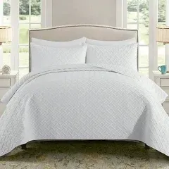 Exclusivo Mezcla Soft Quilt Set Queen Full Size, 3 Pieces Lightweight Quilts White Bedspreads Coverlets Bedding Set for All Seasons, Weave Pattern