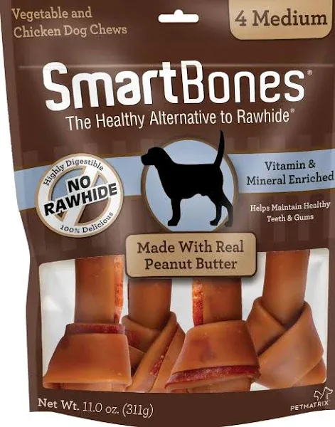 SmartBones Peanut Butter Dog Chew, Medium, 11.0 Oz , 4 pieces/pack