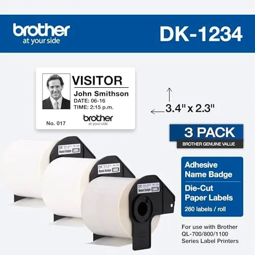 Brother Die-Cut Name Badge Labels, 2.3 x 3.4, White, 260/Roll, 3