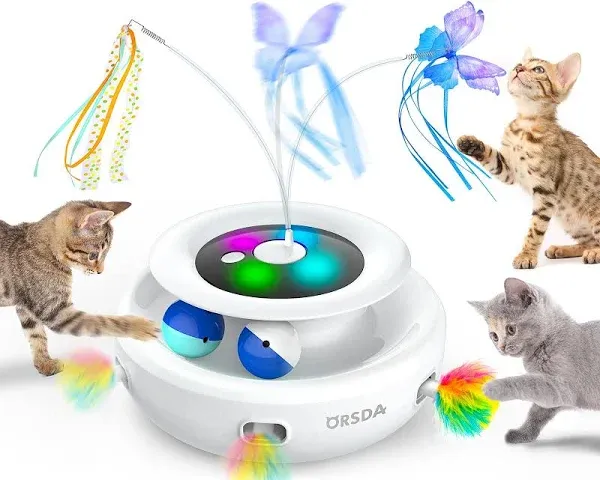 ORSDA Cat Toy, 3-in-1 Automatic Cat Toys for Indoor Cats, Electronic Whack a Mole, Fluttering Butterfly,Track Balls Kitten Toy, Rechargeable Power Interactive Feather Toys for All Breeds