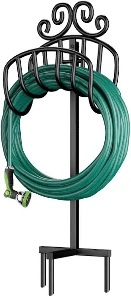 AMAGABELI GARDEN & HOME Hose Holder for Outside Freestanding Holds 125ft Heavy Duty Metal Detachable Rustproof Hose Stand Hanger Decorative Water Hose Storage with Ground Stakes Garden Lawn Black