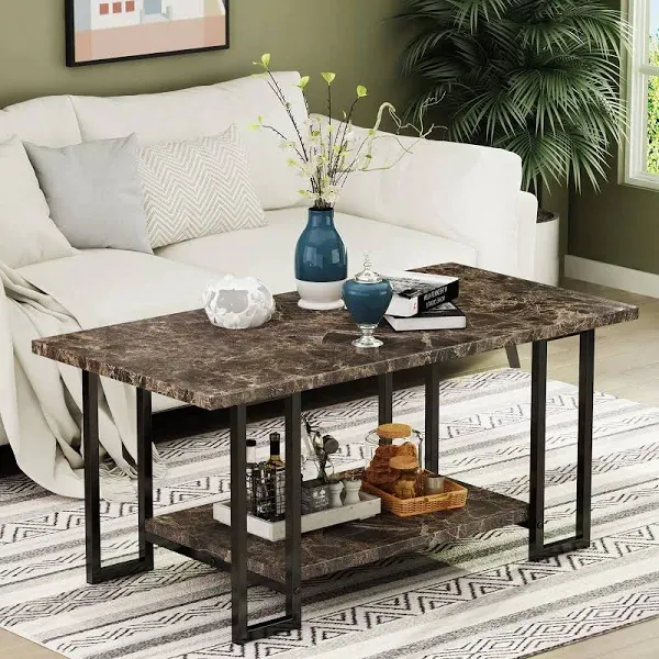 Awqm Marble Coffee Table, Faux Marble Top Rectangular Coffee Table with Black Metal Frame, 2 Tier Table for Living Room, Office, Balcony, Black, 40