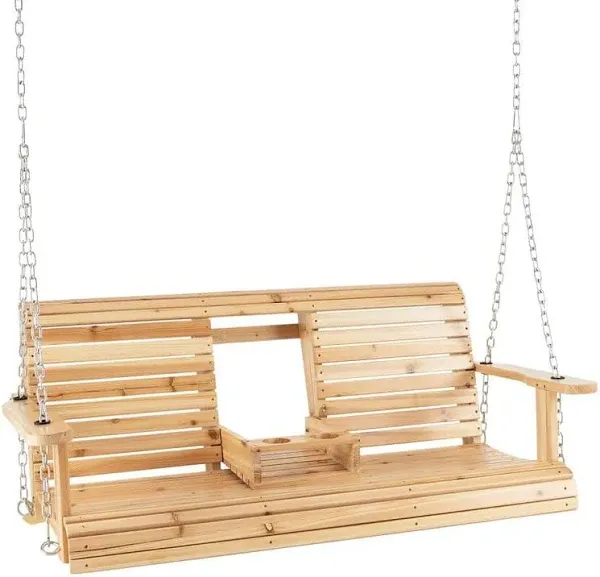 Costway 2-seat Wood Swing Bench with Folding Cup Holder and Sturdy Metal Hanging Chains