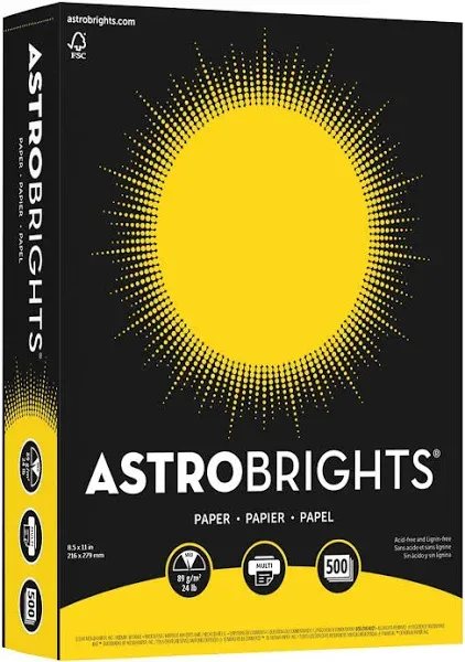 Astrobrights&reg; Color Multi-Use Printer &amp; Copy Paper, 1 Ream, Solar Yellow, Letter (8.5&quot; x 11&quot;), 500 Sheets Per Ream, 24 Lb, 94 Brightness