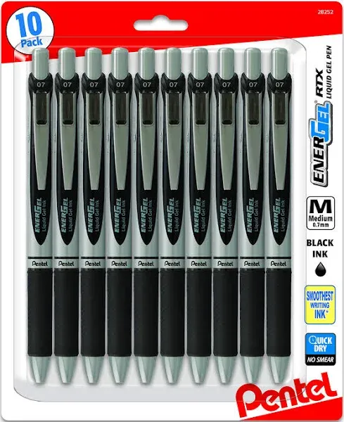 Energel 0.7 MM RTX Retractable Deluxe Liquid Gel Pen, Bulk Pack of 10 Black Ink 