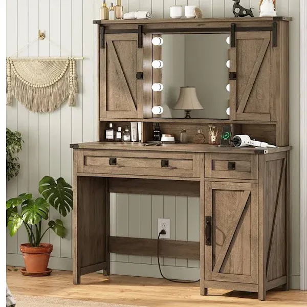 AOGLLATI Makeup Vanity with Lights & Barn Doors, Vanity Desk with Mirror and Lights & Charging Station, Farmhouse Brown Vanity Table with Jewelry Hooks and Open Storage Shelves