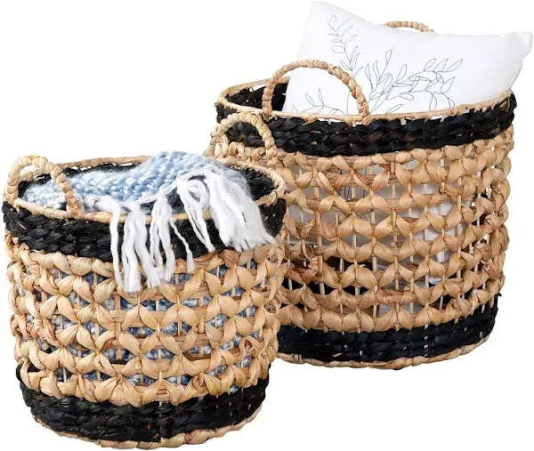 Wicker Round Nesting Basket Set of 2 with Handles, Natural/Black