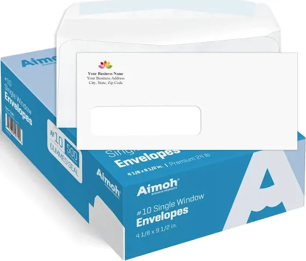 Aimoh 2500#10 Custom Printed Single Left Window Envelopes - Text and Logo Customization - Gummed Closure - Size 4-1/8x9-1/2 Inches -24LB-2500 Count (7-35410-2500)