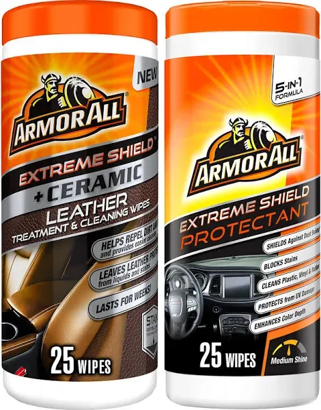 Armor All Leather Cleaner Wipes for Car Interior with UV Protection, Ceramic Leather and Extreme Protectant Wipes Bundle (50 Wipes Total)