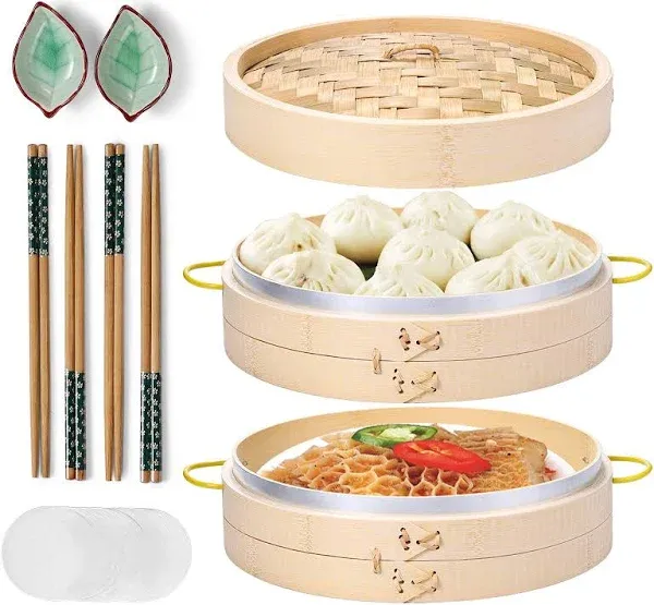 MacaRio Bamboo Steamer Basket Set 10 inch Steamer for Cooking, with Side Handles Chopsticks Ceramic Sauce Dishes Paper Liners, for Dim Sum Dumplings Buns Seafoods Rice Asian Foods