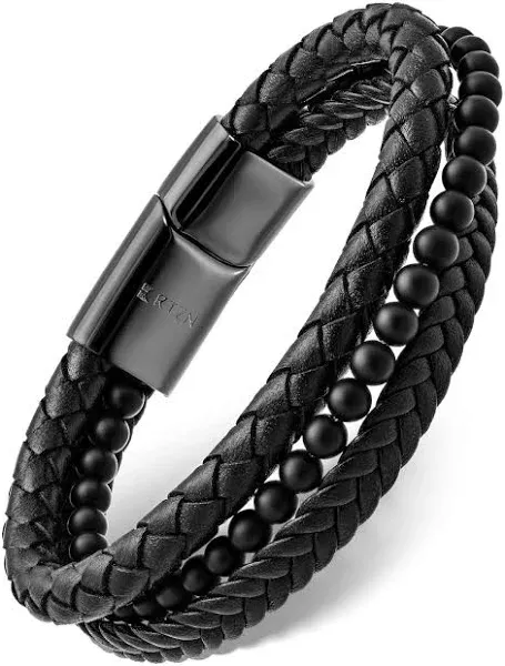 Men RTZN Stacked Black Leather & Black Onyx Bead Bracelet