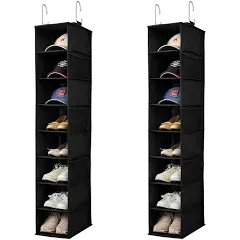 Hanging Shoe Organizer for Closet with Side Mesh Pockets，Hat Racks for Baseball Caps，Shoe and Hat Holder & Storage，8-Shelf，Black，2 Pack