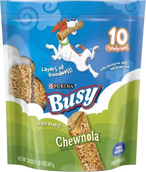 Purina Busy Rawhide Small/Medium Breed Dog Bones, Chewnola With Oats & Brown Rice - (Pack of 12) 2 ct. Pouches