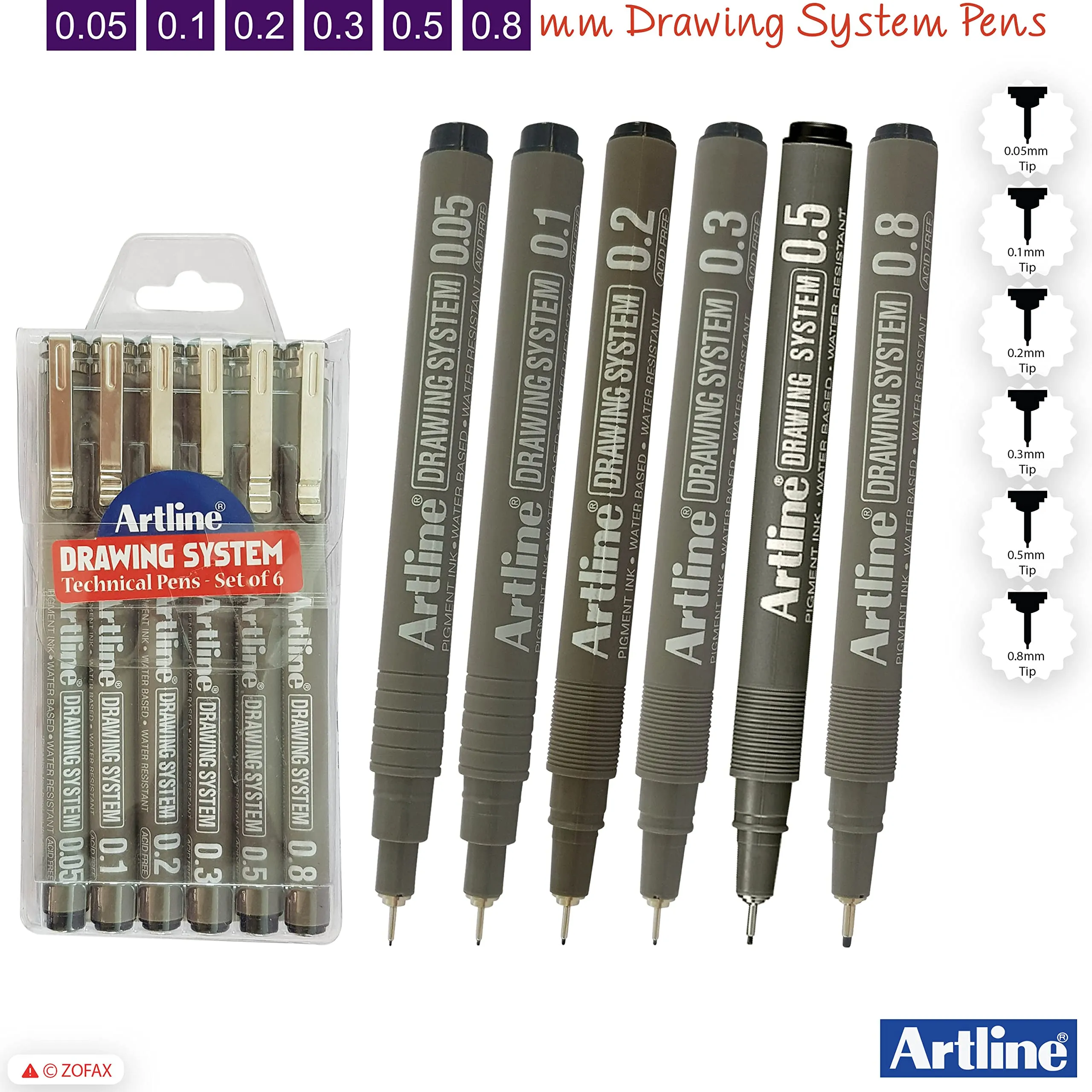 Artline Drawing System Technical Pens - Set of 6-0.05/0.1/0.2/0.3/0.5/0.8 (Black) Pegment Ink, Water Based, Water Resistant - FREE 3D Key Chain