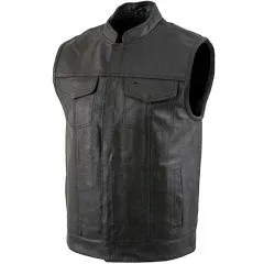 USA Leather 1205 Black Combat Motorcycle Leather Vest with Gun Pocket for Men - Real Genuine Cowhide