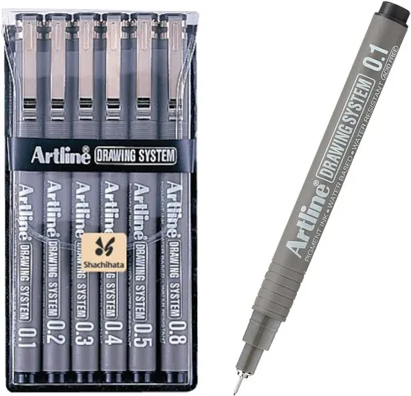 Artline 230 Drawing System Pens, Technical Drawing Pens For Drafting, Illustrating, and More, 0.1mm, 0.2mm, 0.3mm, 0.4mm, 0.5mm, and 0.8mm Fine Tips - Black, 6-Pack