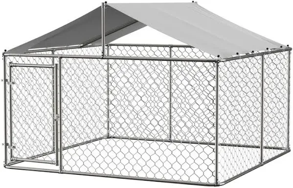 GLANZEND Dog Kennel Pen with Roof Outdoor Dogs Enclosure Large Galvanized Steel Chain Link Fence House Cage Weather Resistant Heavy