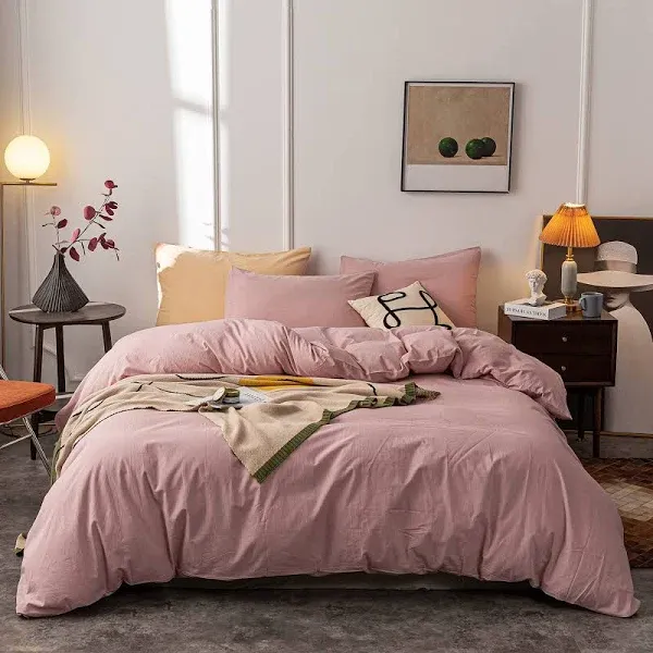 Janlive Washed Cotton Duvet Cover Full Ultra Soft 100% Cotton Solid Color Dusty Pink Duvet Cover Set with Zipper Closure -3 Pieces Pink Full