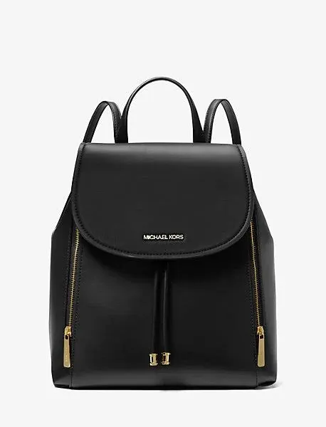 New Michael Kors Phoebe Medium Flap Drawstring Backpack Non-Leather Vegan Black